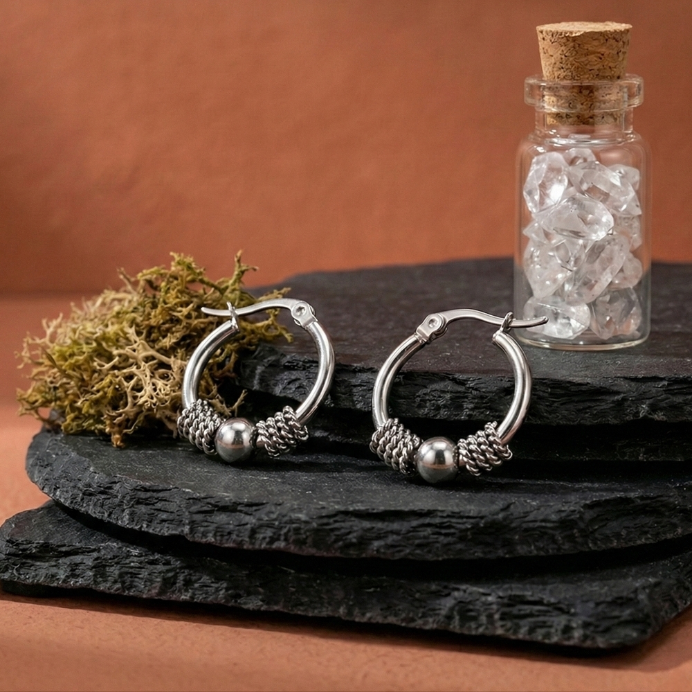 Silver Beaded Hoop Earrings Stainless Steel Textured Boho Minimalist Huggie 0.9" - Picture 10 of 15